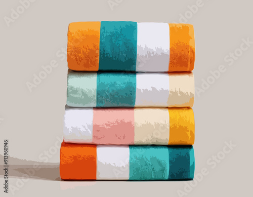  Icons Bath and Kitchen Towels Rolled and Stacked in Piles. Fabric or Cloth, Textile for Wiping and Clean Body