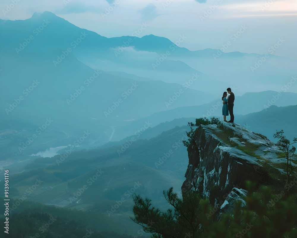 Couple on Scenic Overlook Enjoying Breathtaking Mountain Landscape for Romantic Adventure and Couple on Scenic Overlook Enjoying Breathtaking Mountain Landscape for Romantic Adventure and