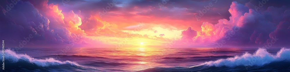 Obraz premium Dreamy Anime-Inspired Seascape: Vibrant Purple and Pink Clouds over Ocean Sunrise. 4K Wallpaper Featuring Ethereal Natural Landscape, Stunning Sky, and Tranquil Waters. Perfect for Digital Art Project