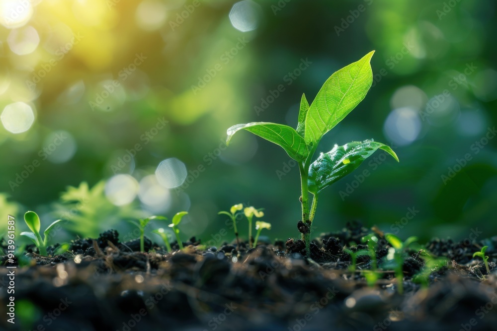 A vibrant, newly sprouted plant with fresh green leaves bathed in sunlight. Nature and life in focus. A vibrant, newly sprouted plant with fresh green leaves bathed in sunlight. Nature and life in focus.