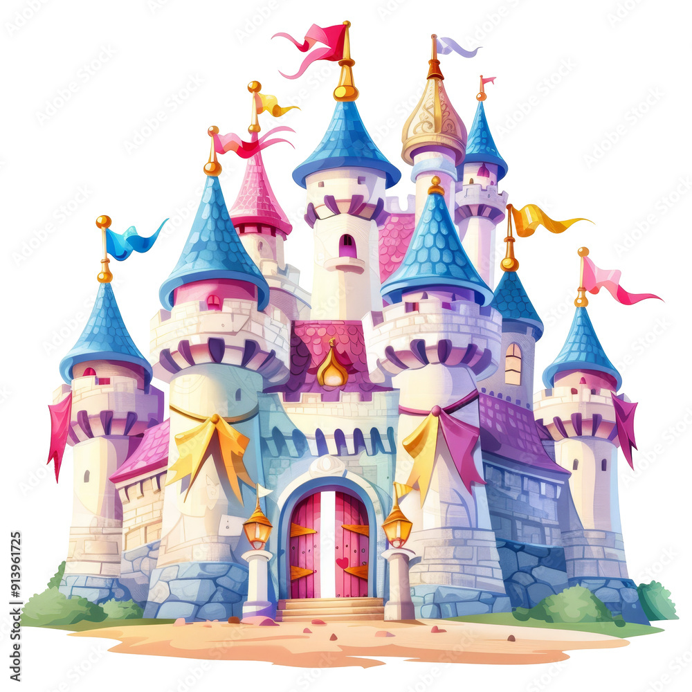 Cartoon illustration of a fairytale castle with flags and turrets, isolated on white. Perfect for children's themes and fantasy projects. Cartoon illustration of a fairytale castle with flags and turrets, isolated on white. Perfect for children's themes and fantasy projects.