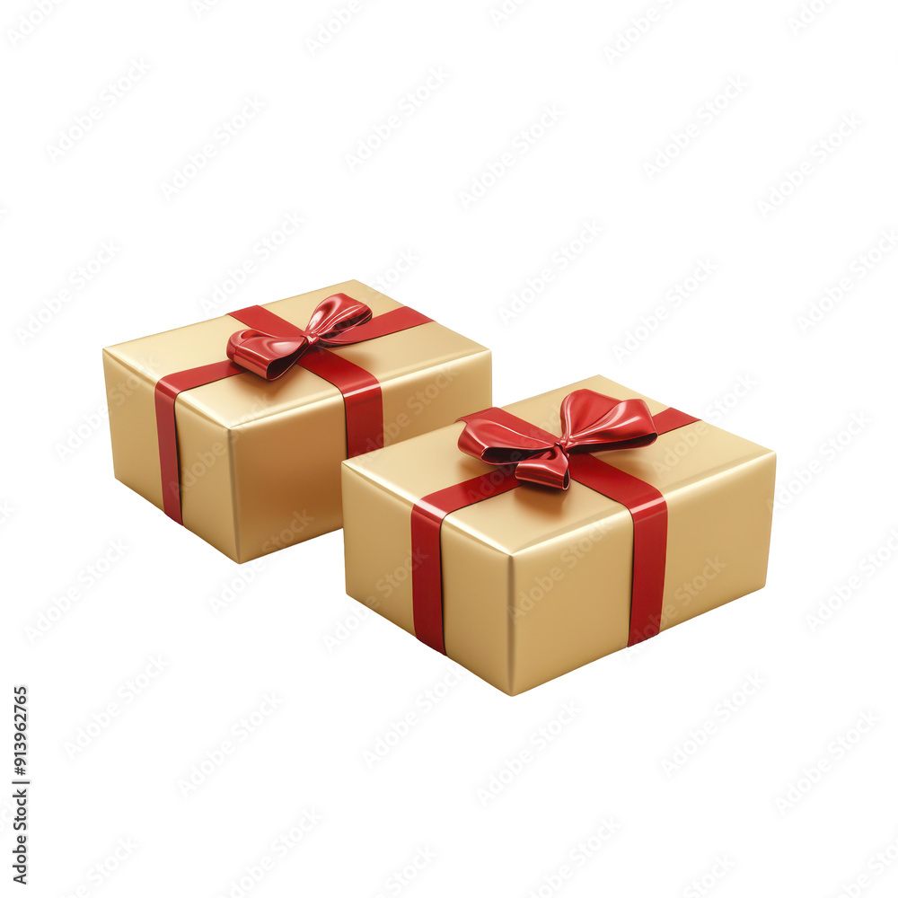 Obraz premium Golden gift boxes with red ribbons stacked in a pyramid, isolated on a white background, symbolizing celebration and luxury.