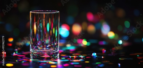 Empty glass on a table with colorful bokeh lights.