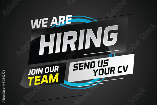 Hiring recruitment design for banner poster. We are hiring lettering with geometric shapes lines. Vector illustration typographic. Open vacancy design template

