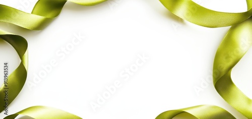 Green ribbon curls around white background. photo