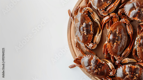 Top Down View of Crabs on White Background – Marine Life Photography, Detailed Seafood, Close-Up of Crabs, and Coastal Marine Creatures photo