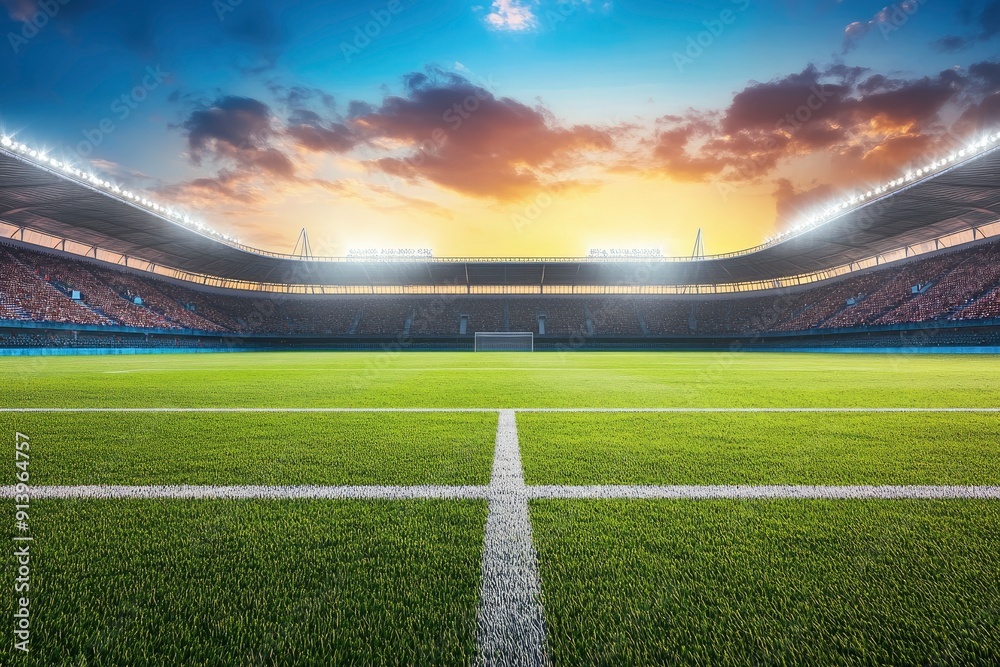 Obraz premium Impressive soccer stadium prepared for the evening match. Football stadium field view. Professional sports background for advertisement with generative ai