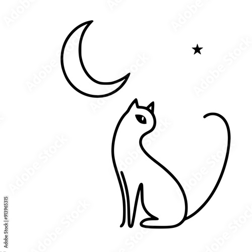 contour vector stylized cat with sly eyes with the moon on a white background, creating a mysterious and elegant look, for Halloween