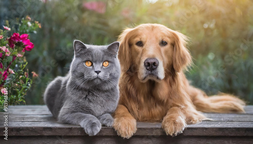 Golden Retriever and Gray Cat Lying Together on a Wooden Surface in a Garden Setting at Sunset