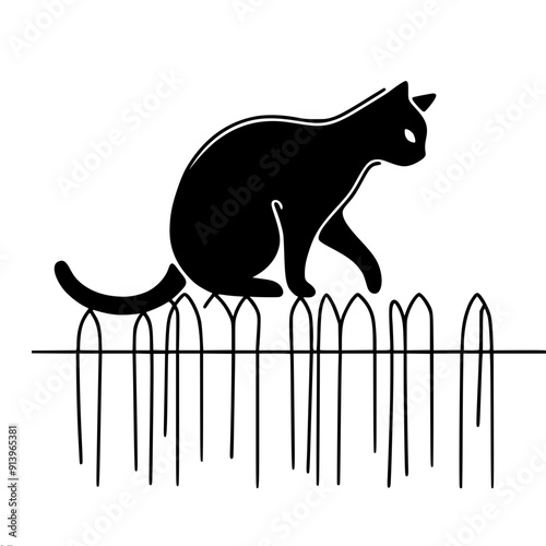contour vector stylized cat carefully walking along a fence on a white background, creating a mysterious and elegant look, for Halloween