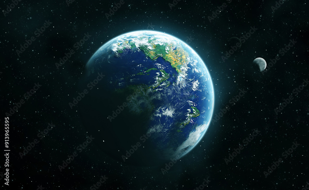 Obraz premium The earth from space with visible continents and a distant moon