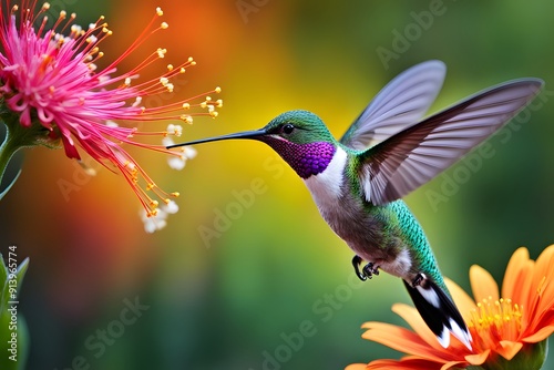 Ruby-throated Hummingbird (archilochus colubris) in flight with flower in background photo