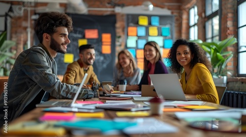 Business team working on startup idea in colorful creative workspace