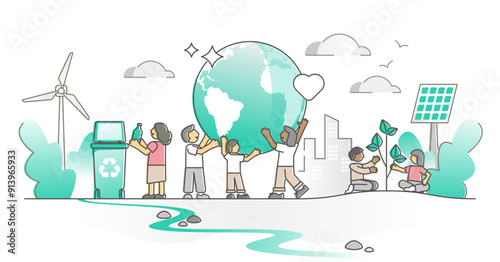 Climate protection with sustainable nature friendly lifestyle outline concept, transparent background. Renewable resource consumption, alternative solar.