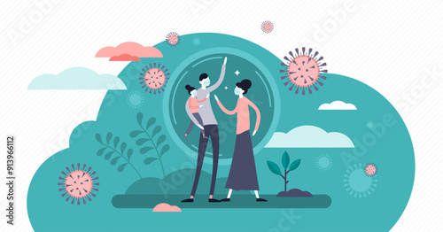 Virus safety recommendations concept, flat tiny family persons illustration, transparent background. Corona virus COVID-19 outbreak threat prevention. Avoiding infection by home quarantine isolation.