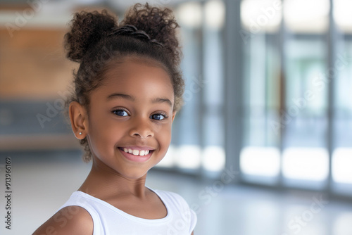 close up photo of seven year old african american girl with smile practicing ballet in modern ballet school, development concept, out of school education, advertising banner photo