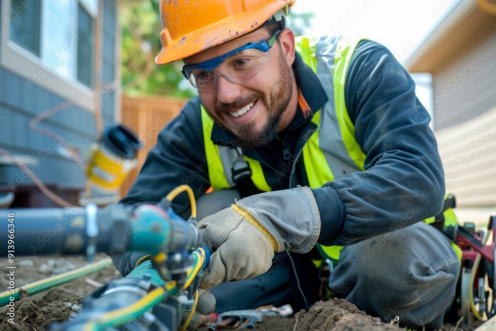 Construction Worker Repairing a Damaged Pipe Construction Worker Repairing a Damaged Pipe