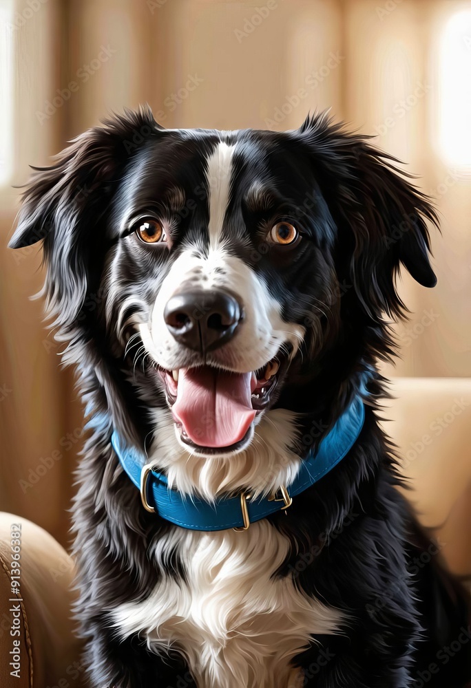Black and White Dog with Blue Collar and Tongue Out, Sitting on Couch Black and White Dog with Blue Collar and Tongue Out, Sitting on Couch