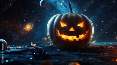 Glowing spooky Halloween pumpkin flying in space photo