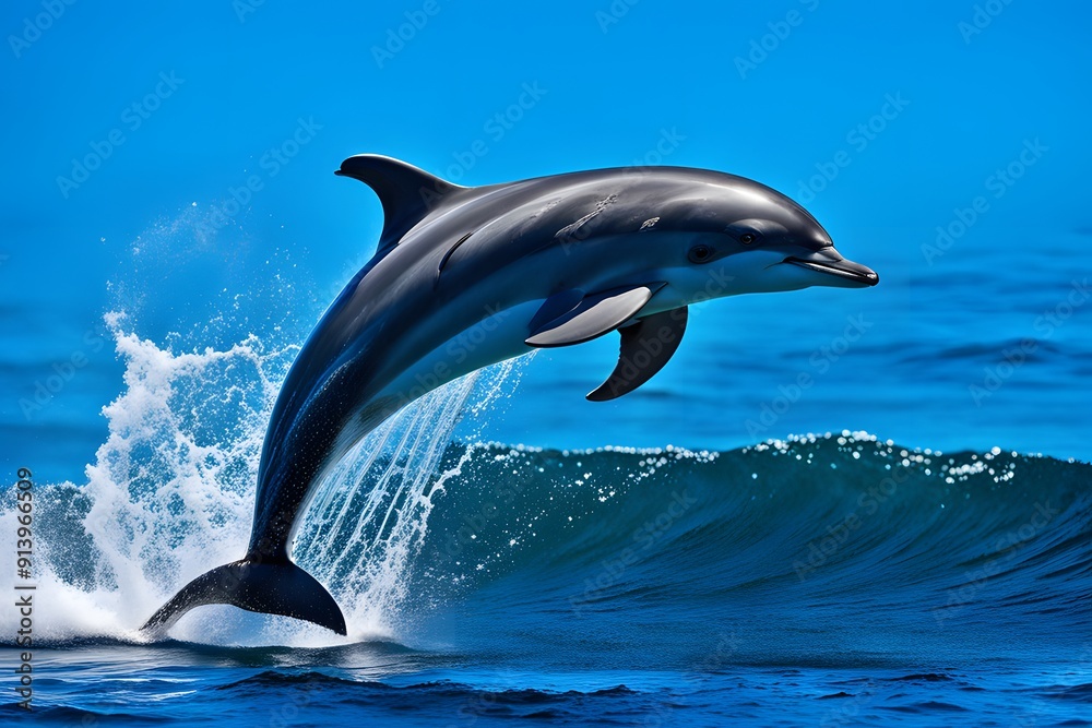 Fototapeta premium Dolphin jumping out of the water on a background of blue sky