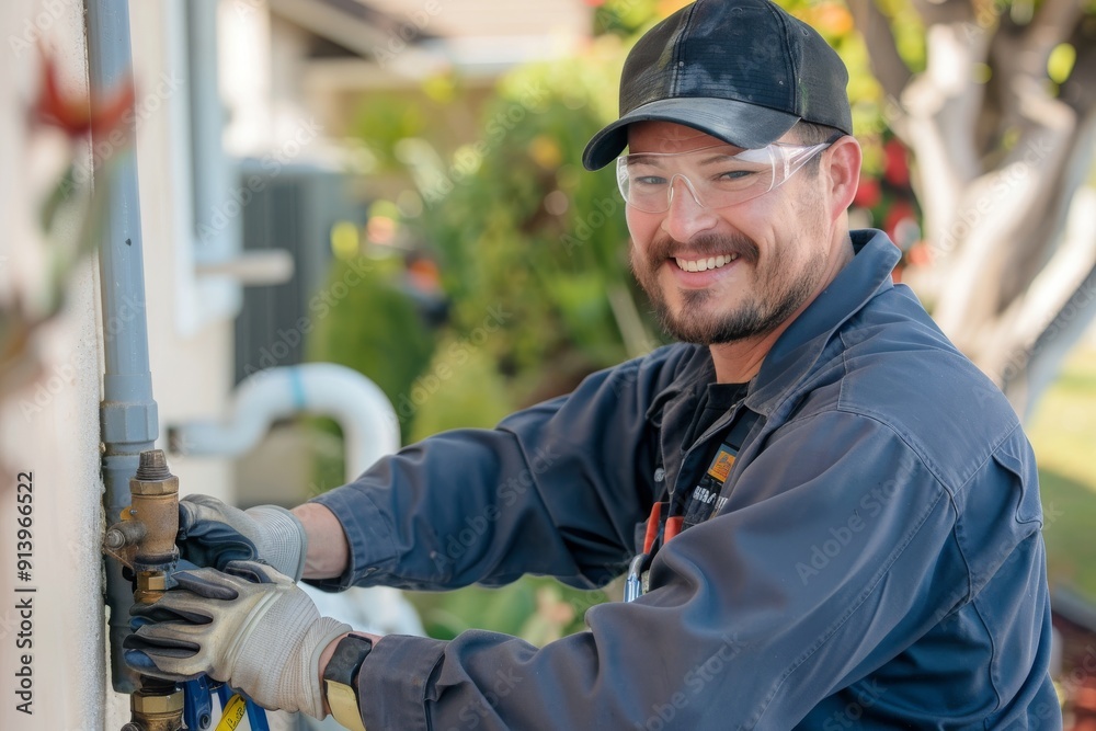 Fototapeta premium Smiling Plumber Working on a Pipe