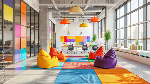 Collaborative workspace with colorful decor and bean bags , Background, Modern office, Office room