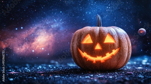 Glowing spooky Halloween pumpkin flying in space photo