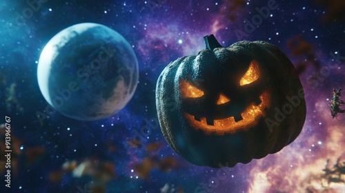 Glowing spooky Halloween pumpkin flying in space photo