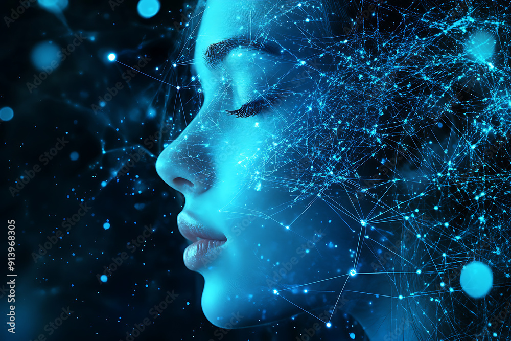 An abstract digital background banner showcasing the face of artificial intelligence with connecting data points in blue and black colors. An abstract digital background banner showcasing the face of artificial intelligence with connecting data points in blue and black colors.