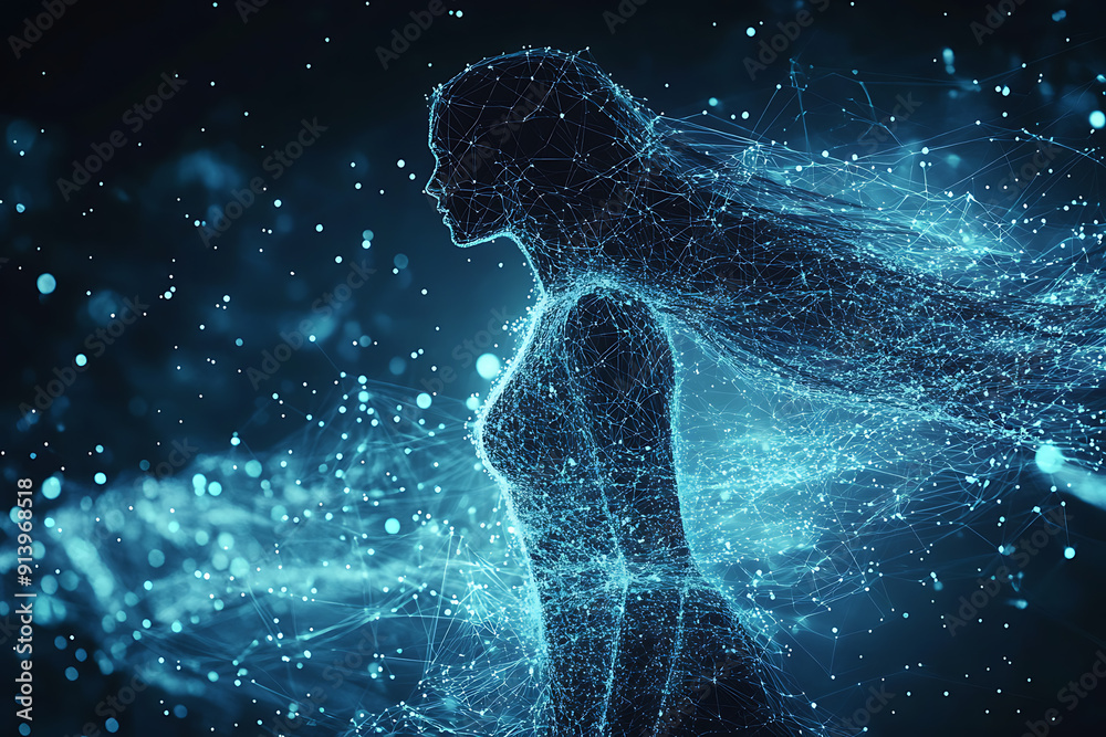An abstract digital background banner showcasing the face of artificial intelligence with connecting data points in blue and black colors. An abstract digital background banner showcasing the face of artificial intelligence with connecting data points in blue and black colors.