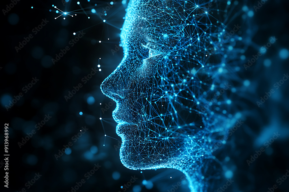 An abstract digital background banner showcasing the face of artificial intelligence with connecting data points in blue and black colors