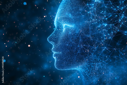 An abstract digital background banner showcasing the face of artificial intelligence with connecting data points in blue and black colors. 