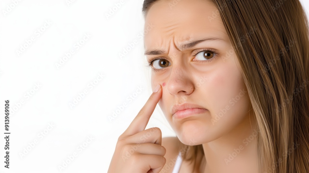 Fototapeta premium An Indian woman with pimples pointing at her face against a white background, highlighting skin issues, facial acne, skincare concern