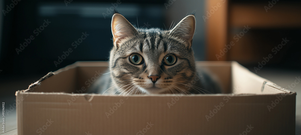 Cute grey tabby cat in cardboard box on floor at home Cute grey tabby cat in cardboard box on floor at home