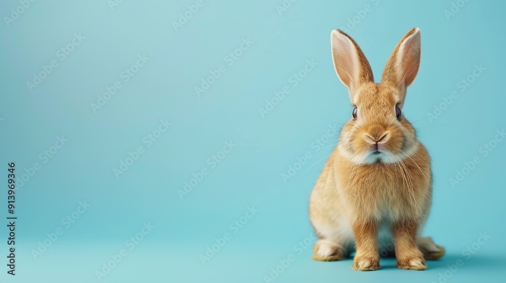 Obraz premium Cute brown rabbit sitting on a blue background with copy space for text