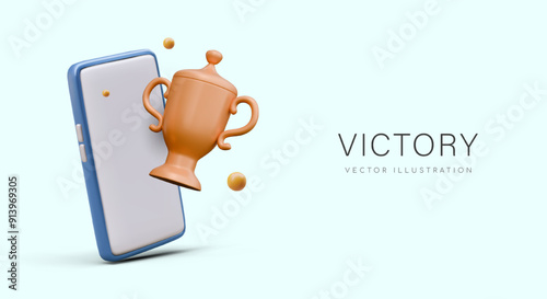 Realistic smartphone, metal cup. Poster for congratulating online victory in phone application