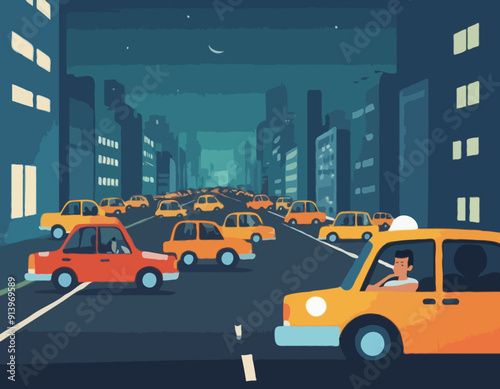 Tired man driving city traffic jam at evening. After work day, sleepy driver in car on road. Fatigue male in auto, urban environment problems kicky vector scene