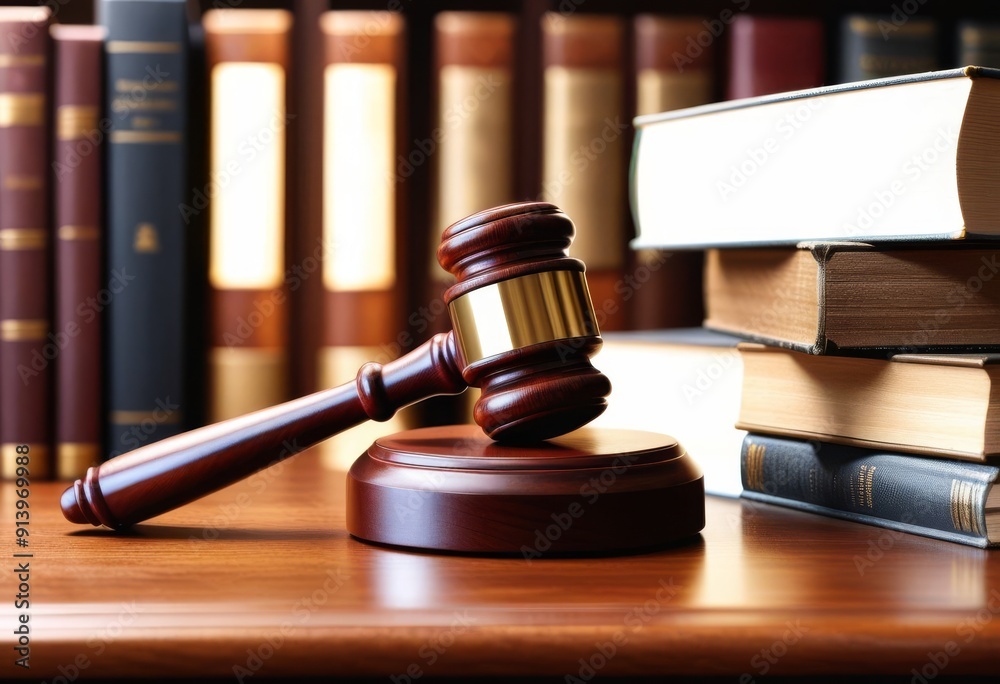 Gavel on Wooden Desk with Books in Background Gavel on Wooden Desk with Books in Background