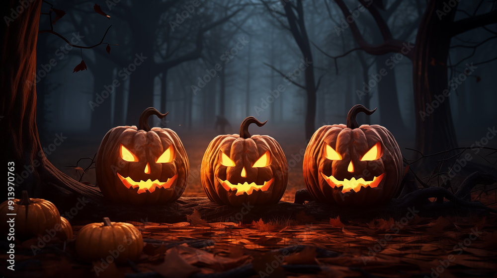 Three Jack-O'-Lanterns In A Dark Forest With Gnarled Trees And A Mysterious Background Halloween Three Jack-O'-Lanterns In A Dark Forest With Gnarled Trees And A Mysterious Background Halloween