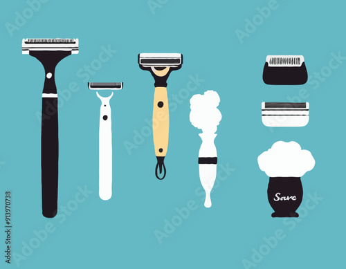 shaving cream, classic razor, and electric razor in flat style vector illustration. Simple shaving kit vector set, clipart cartoon hand drawn doodle. Men's domestic cute vector illustration