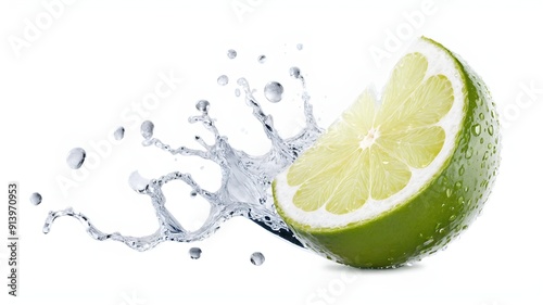 Natural fresh lime with sliced and water droplets isolated on white background.