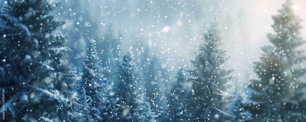 Snowflakes gently falling on a snow-covered pine forest, 4K hyperrealistic photo Snowflakes gently falling on a snow-covered pine forest, 4K hyperrealistic photo
