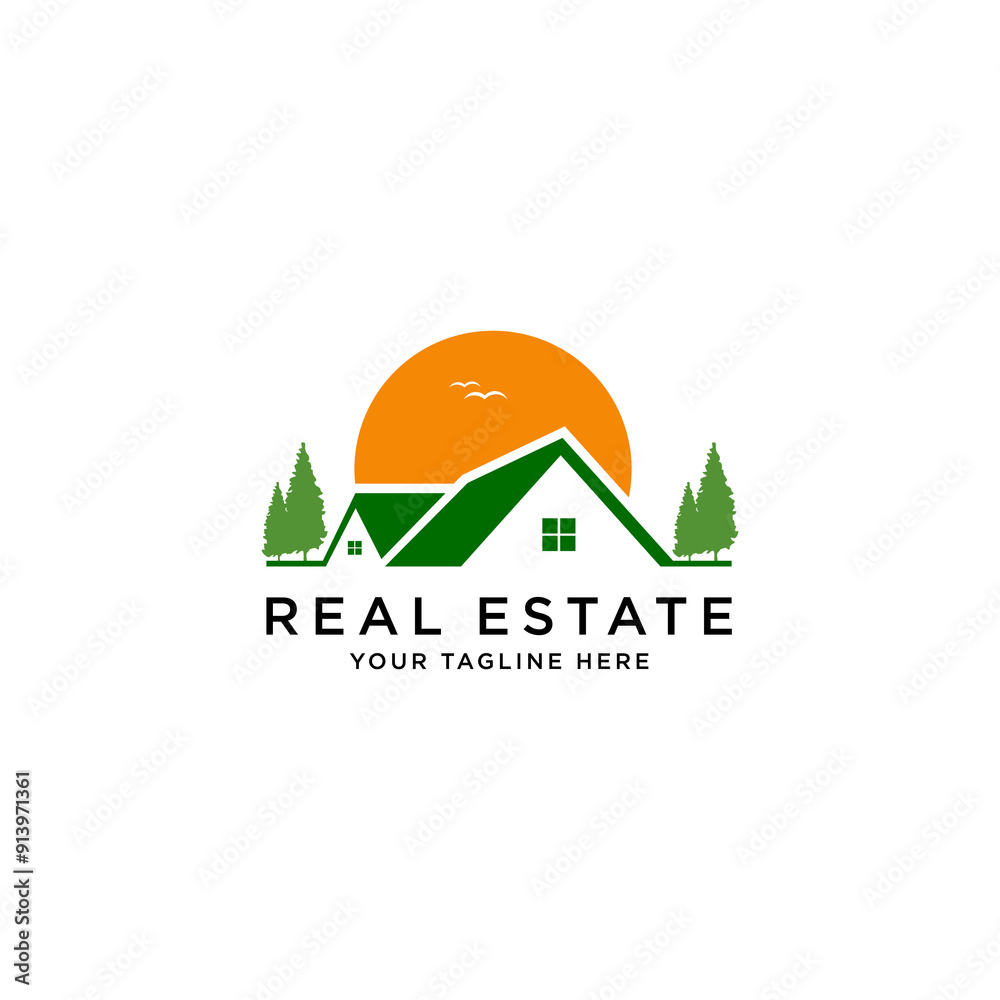 Home vector logo template with pine trees and sun background Home vector logo template with pine trees and sun background