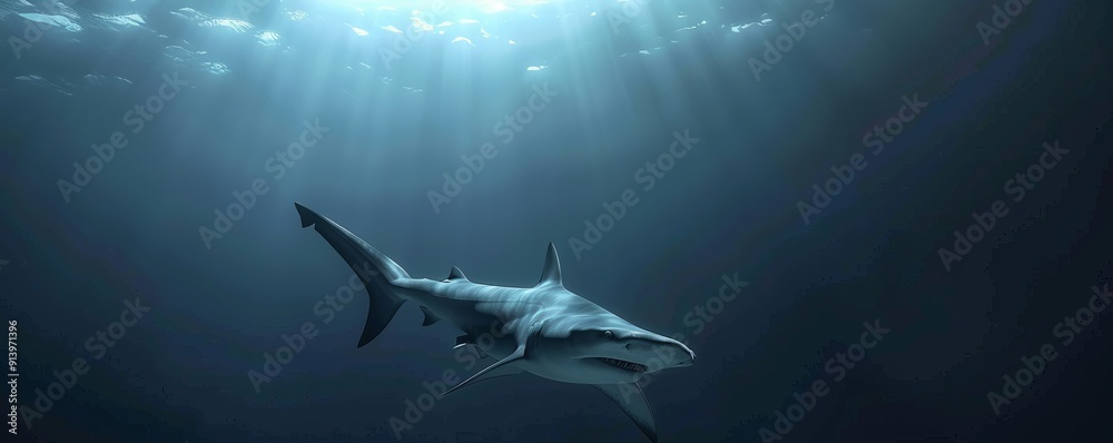 Obraz premium Sleek hammerhead shark patrolling the deep sea, 4K hyperrealistic photo