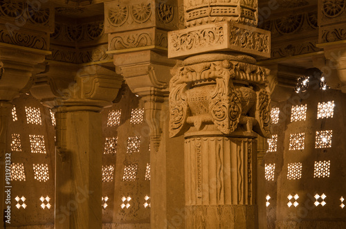 Interior of Parshwanath Jain Temple at Lodurva, The temple is built with yellow limestone and sandstone,  intricate stone work, Jaisalmer, Rajasthan, India, Asia. photo