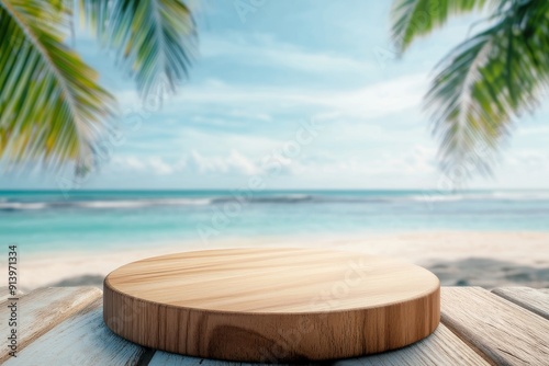 A wooden round platform on a sandy beach with palm trees and ocean waves in the background.