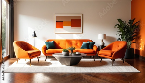 Modern Living Room with Orange Furniture and Abstract Art