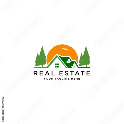 Home vector logo template with pine trees and sun background