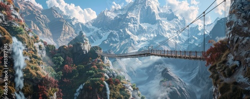 Rugged mountain pass with a narrow suspension bridge spanning a deep gorge, 4K hyperrealistic photo
