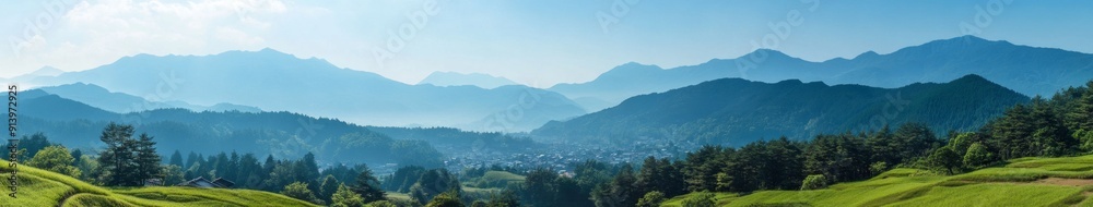 Naklejka premium Enchanting Anime-Inspired Japanese Countryside: 4K Widescreen Wallpaper of Spring Mountain Village. Breathtaking Natural Landscape with Vibrant Colors and Serene Atmosphere. Perfect for Digital Art, G